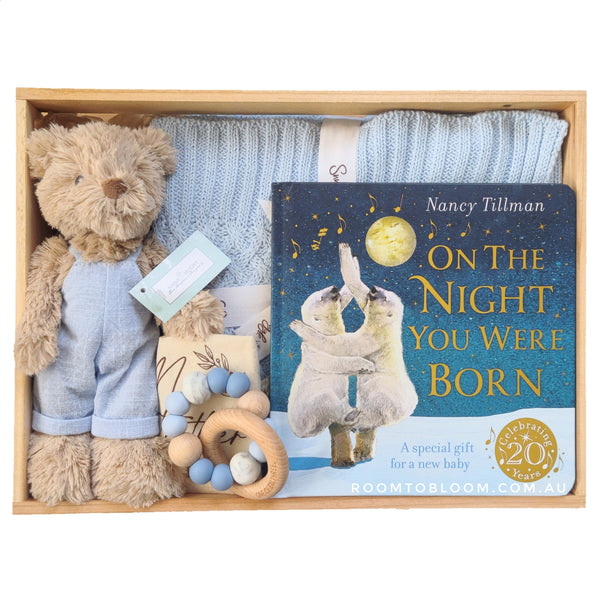 ROOM TO BLOOM Little Boy Blue Baby Gift Hamper set with teddy bear, book, rattle and more in a wooden box