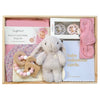 ROOM TO BLOOM Little Flower Baby Gift Hamper set with plush toy, milestone cards, and other items in a wooden box.