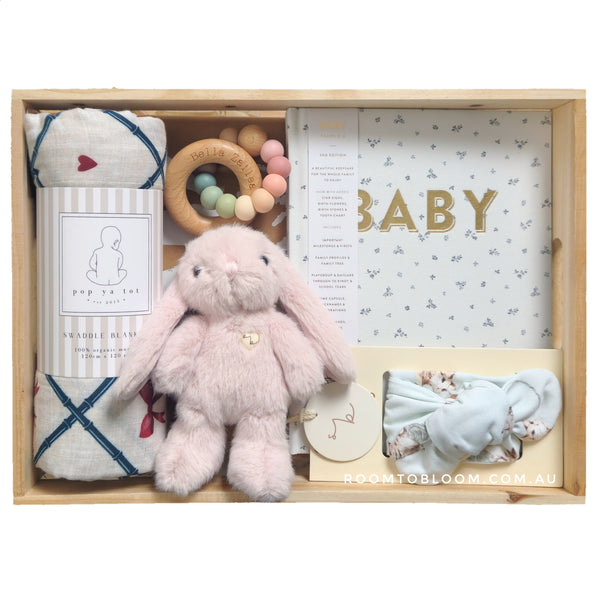 ROOMore TO BLOOM Love Heart Baby Gift Hamper gift set with plush toy, rattle, baby book and more in a wooden box.
