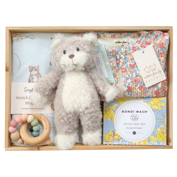 ROOM TO BLOOM Baby gift set with kitten plush toys, and other gifts wrapped in a wooden box