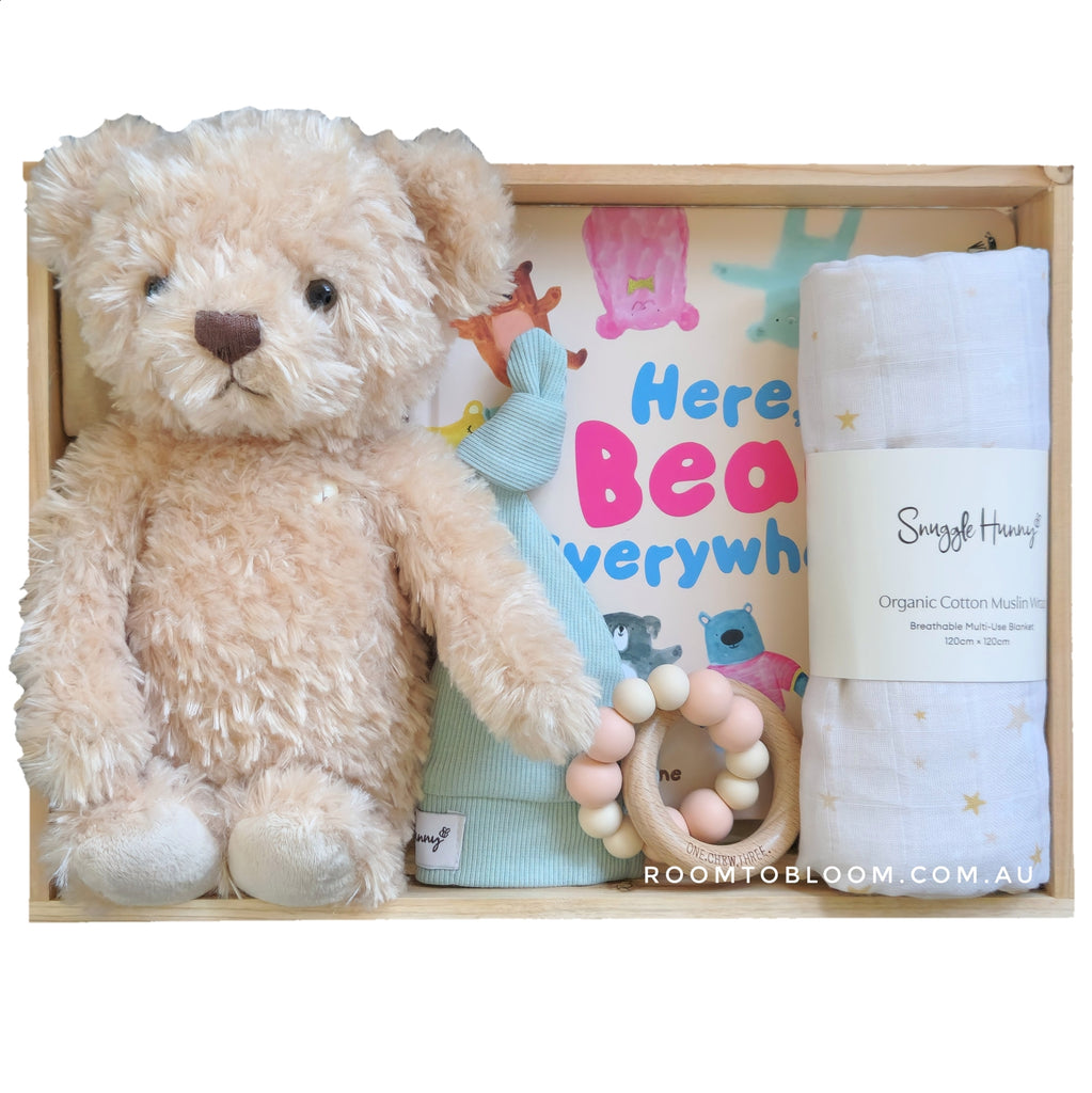 ROOM TO BLOOM My First Teddy Baby Gift Hamper set with teddy bear, book, teether, and more in a box.