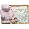 ROOM TO BLOOM My Little Petal Baby Gift Hamper set with pink plush toy, baby clothes, a teething ring and more in a wooden box.