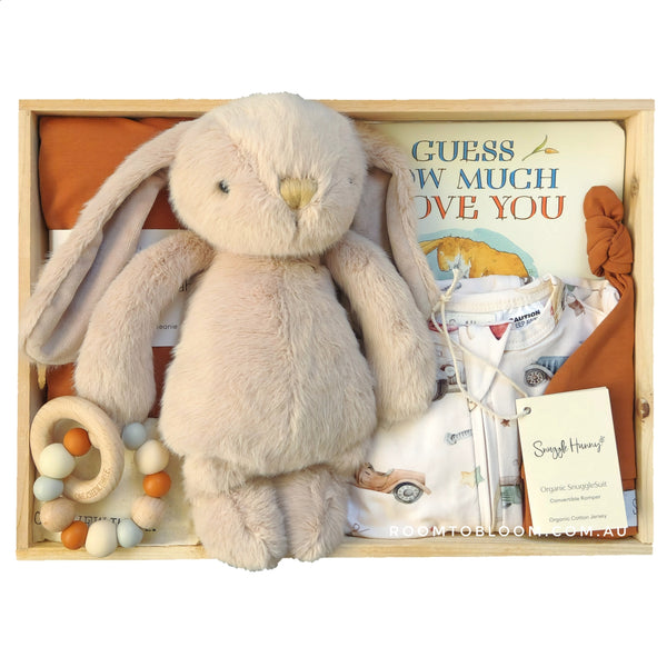 ROOM TO BLOOM On the Move Baby Gift Hamper set with plush bunny, baby clothes, book and move in a wooden box