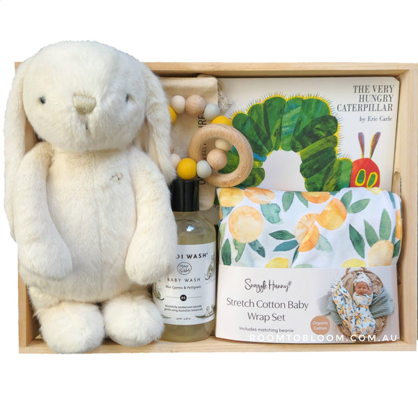 ROOM TO BLOOM Oranges and Lemons Baby Gift Hamper set with plush toy, baby wash, rattle, wrap set and more in a box.