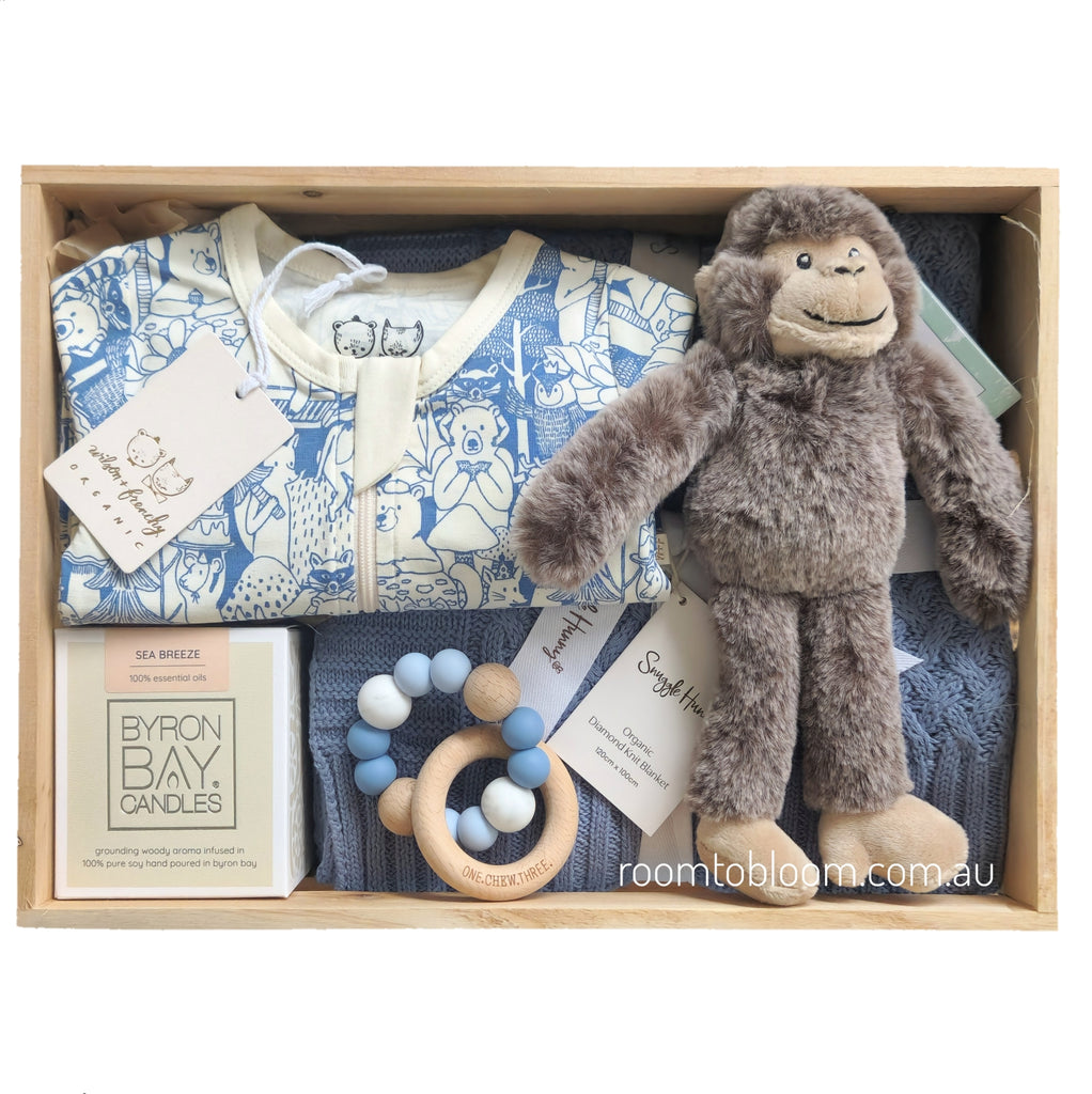 ROOM TO BLOOM Party Animals Baby Gift Hamper set with baby clothes, plush toy, rattle and more in a wooden box.