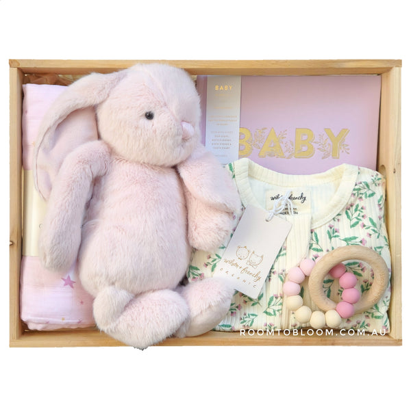 ROOM TO BLOOM Peri-twinkle Star Baby Gift Hamper set with plush bunny, baby clothes, teething ring and more in a wooden box.