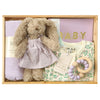 ROOM TO BLOOM Periwinkle Baby Gift Hamper set with bunny, outfit, teething ring and more in a wooden box.