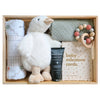 ROOM TO BLOOM Picnic Time Baby Gift Hamper set with plush toy, swaddle, teething ring, milestone cards and more in a wooden box.