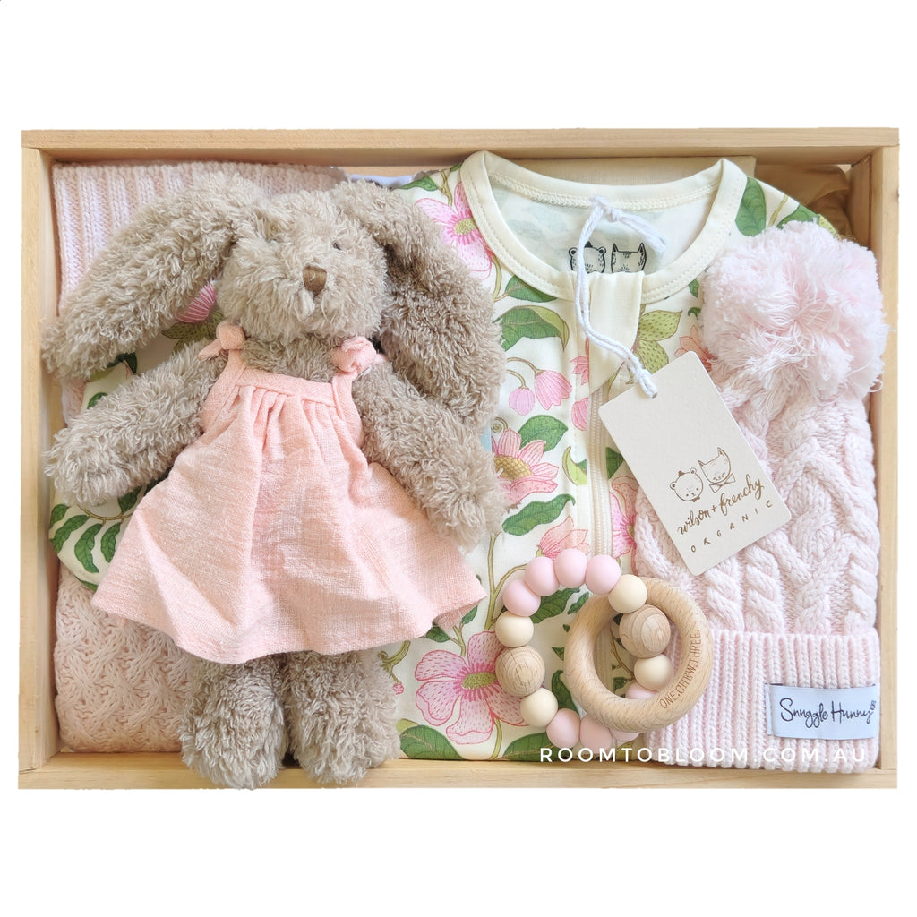 ROOM TO BLOOM Poppy Pink Baby Gift Hamper set with bunny, clothes, rattle and more in a wooden box