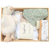ROOM TO BLOOM Quacking Good Time Baby Gift Hamper gift set with plush duck, towel, and other items in a wooden box.