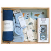 ROOM TO BLOOM Sea of Blue Baby Gift Hamper set with clothing, socks, book and more in a wooden box