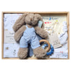 ROOM TO BLOOM Secret Garden Baby Gift Hamper set with plush toy, baby clothing, and other items in a wooden box.