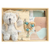 ROOM TO BLOOM Skater Boy Baby Gift Hamper set arranged in a light wood box, featuring a plush grey teddy bear, a cream printed baby zipsuit, a wooden bead teething ring with blue and cream beads, a folded mint green knit blanket, and a book with bear illustrations.
