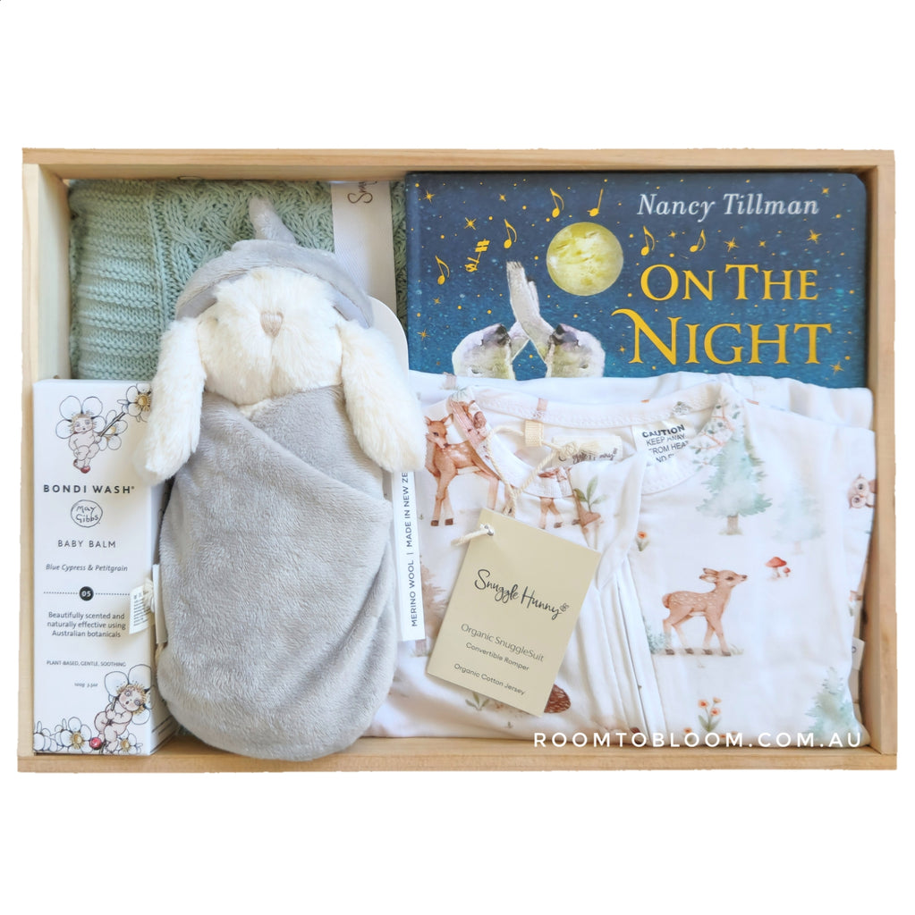 ROOM TO BLOOM Snuggles Baby Gift Hamper gift set with book, blanket, toy and more in a wood box.