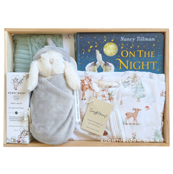 ROOM TO BLOOM Snuggles Baby Gift Hamper gift set with book, blanket, toy and more in a wood box.
