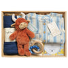 ROOM TO BLOOM Sorrento Stripe Baby Gift Hamper set with plush toy, baby clothes, toy and more in a wooden box.