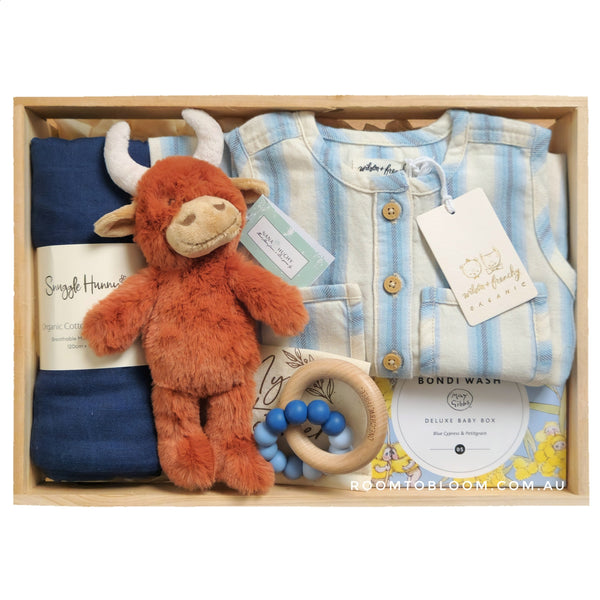 ROOM TO BLOOM Sorrento Stripe Baby Gift Hamper set with plush toy, baby clothes, toy and more in a wooden box.