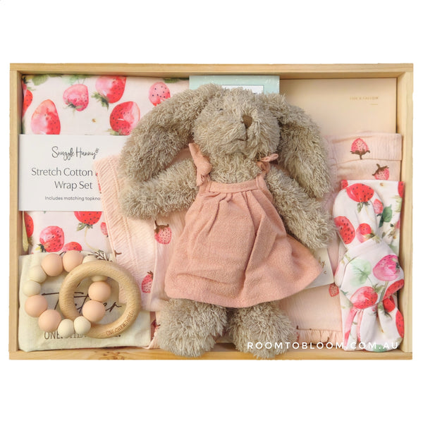 ROOM TO BLOOM Strawberry Shortcake Baby Gift Hamper set with plush bunny, wrap, teether and more in a wooden box.