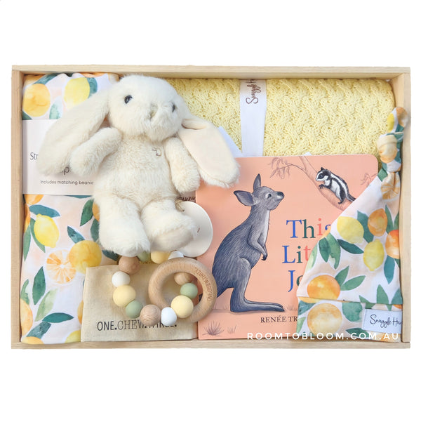 ROOM TO BLOOM Sunny Days Baby Gift Hamper set with plush bunny, blanket, book and more in a wooden box