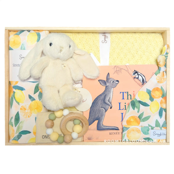 ROOM TO BLOOM Sunny Days Baby Gift Hamper set with plush bunny, blanket, book and more in a wooden box
