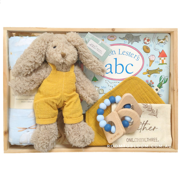 ROOM TO BLOOM The Places You'll Go Baby Gift Hamper set with plush toy, teething ring, board book and more in a wooden box.