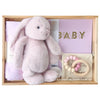 ROOM TO BLOOM Twinkle Pinkle Little Star Baby Gift Hamper gift set with plush bunny, swaddle and more in a wooden box.