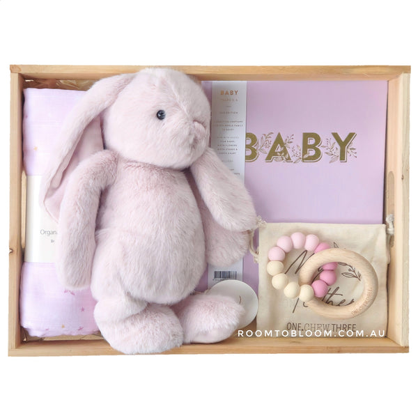ROOM TO BLOOM Twinkle Pinkle Little Star Baby Gift Hamper gift set with plush bunny, swaddle and more in a wooden box.