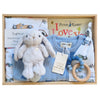 ROOM TO BLOOM Vroom Vroom Baby Gift Hamper set with plush toy, baby clothing, teething ring and more in a wooden box.