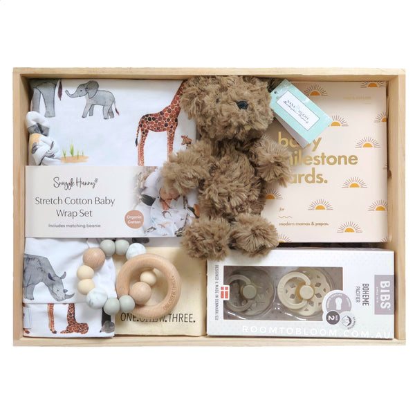 ROOM TO BLOOM Wild Things Baby Gift Hamper set with teddy bear, wrap, a toy and more in a wooden box