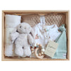 ROOM TO BLOOM Wonderful World Baby Gift Hamper set with plush toy, clothing, a blanket and more in a wooden box.