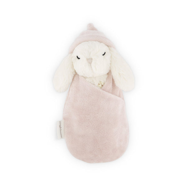 SNUGGLE BUNNIES Sleeping Penelope - Blush in a pink pouch on a white background