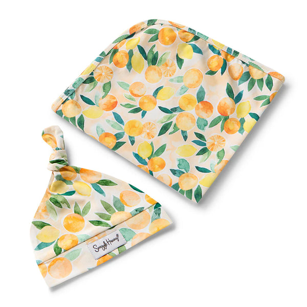 SNUGGLE HUNNY Organic Jersey Wrap & Beanie set - Sunny Citrus