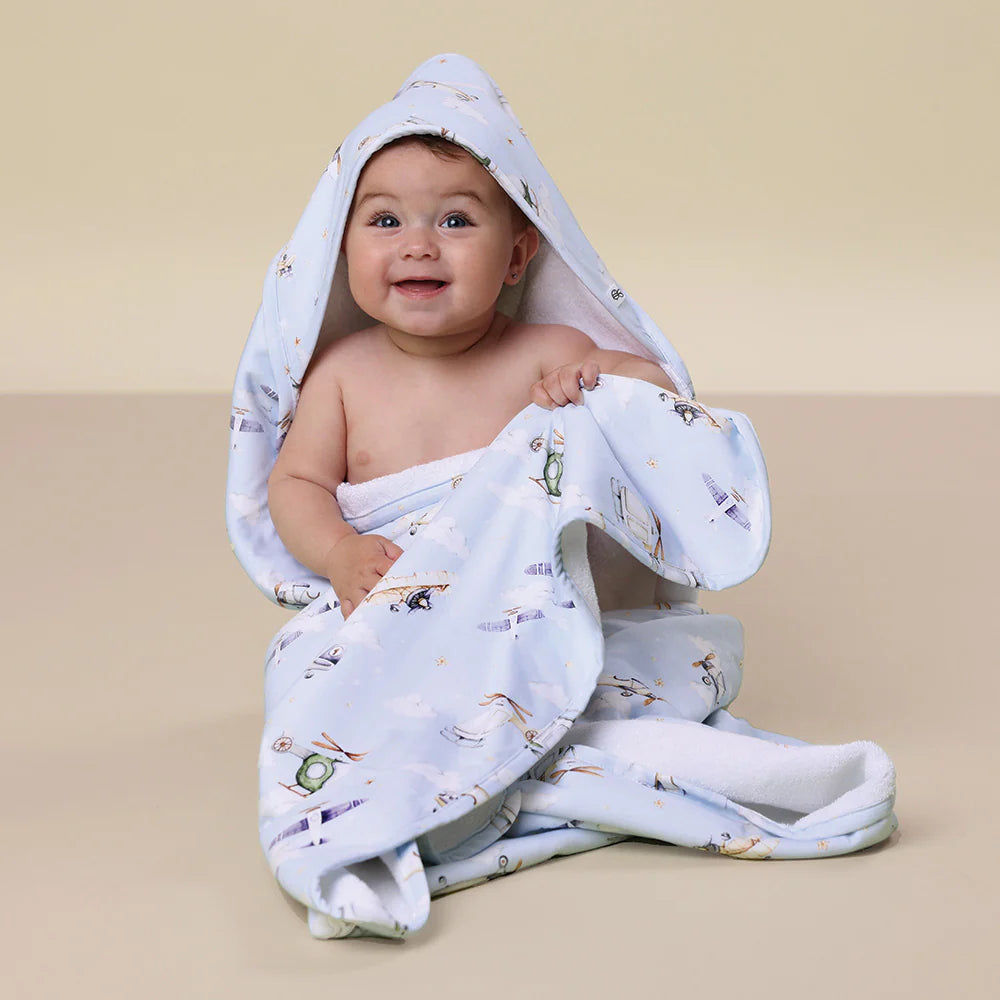 SNUGGLE HUNNY Organic Hooded Baby Towel - Taking Flight lifestyle