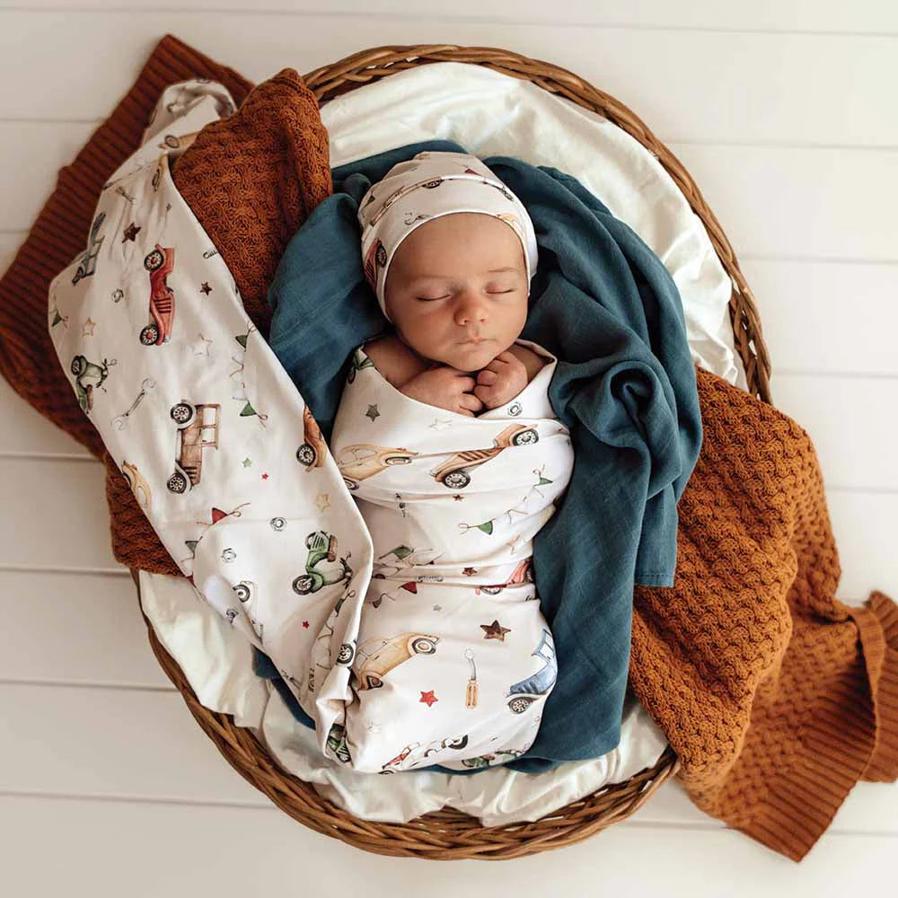 SNUGGLE HUNNY Organic Jersey Wrap & Beanie set - Vintage Cars lifestyle