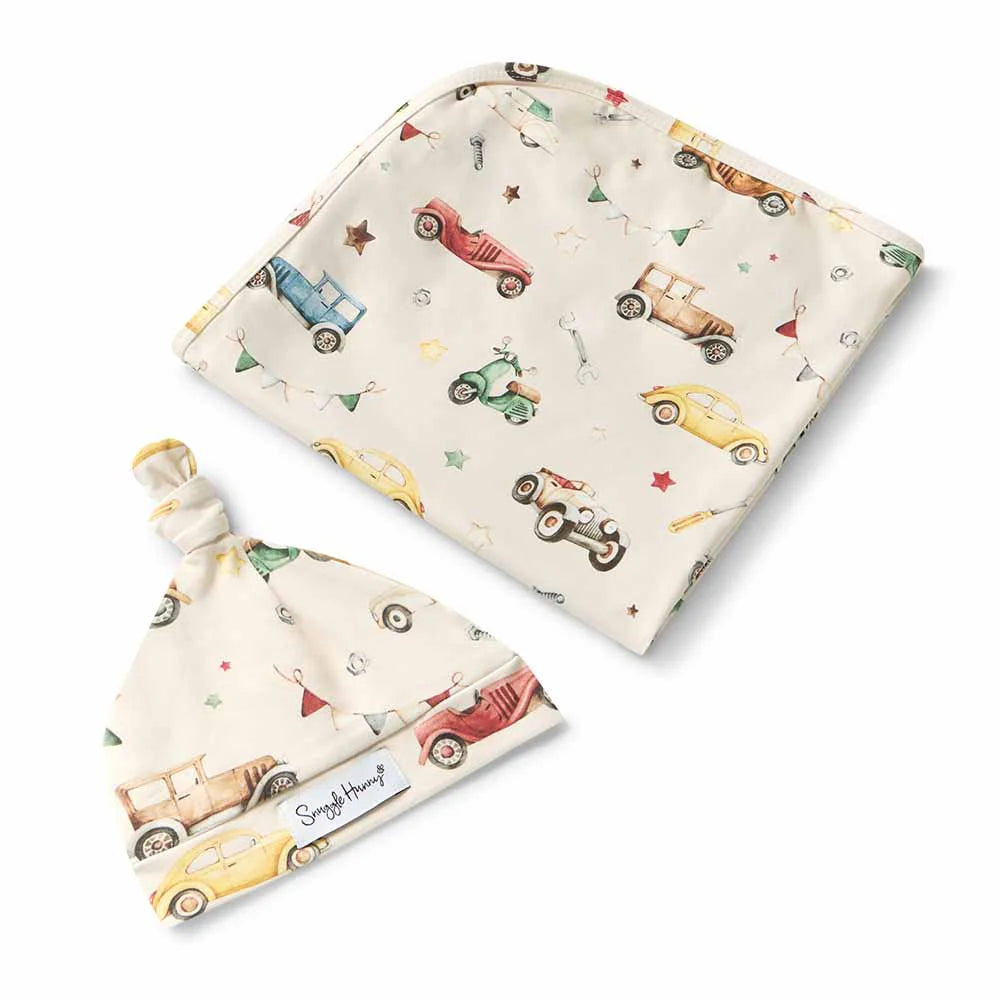 SNUGGLE HUNNY Organic Jersey Wrap & Beanie set - Vintage Cars flatlay