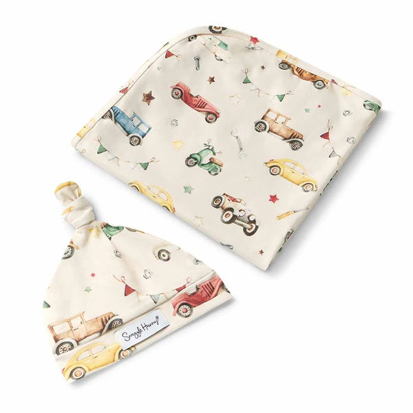 SNUGGLE HUNNY Organic Jersey Wrap & Beanie set - Vintage Cars flatlay