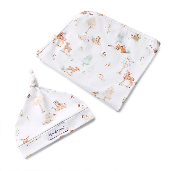 SNUGGLE HUNNY Organic Jersey Wrap & Beanie set - Woodland Tales flatlay