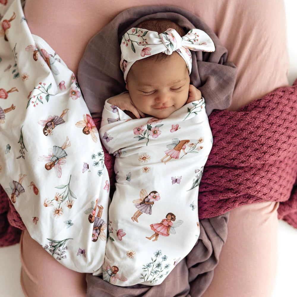 SNUGGLE HUNNY Organic Jersey Wrap & Topknot set - Fairy Garden lifestyle
