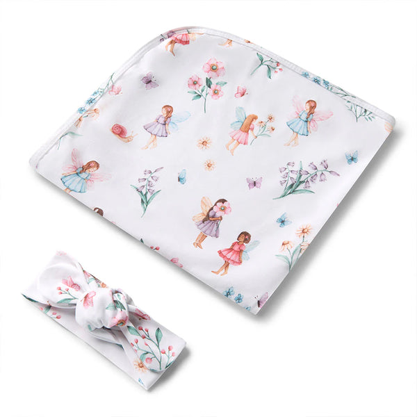 SNUGGLE HUNNY Organic Jersey Wrap & Topknot set - Fairy Garden flatlay