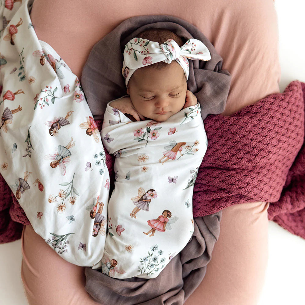 SNUGGLE HUNNY Organic Jersey Wrap & Topknot set - Fairy Garden lifestyle