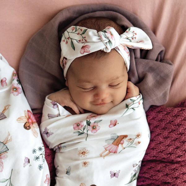 SNUGGLE HUNNY Organic Jersey Wrap & Topknot set - Fairy Garden lifestyle