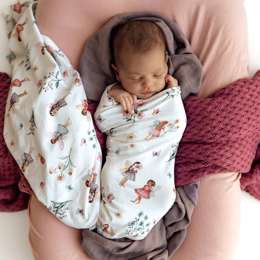 SNUGGLE HUNNY Organic Jersey Wrap & Topknot set - Fairy Garden lifestyle