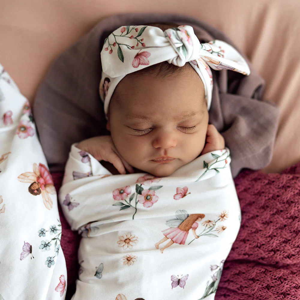 SNUGGLE HUNNY Organic Jersey Wrap & Topknot set - Fairy Garden lifestyle