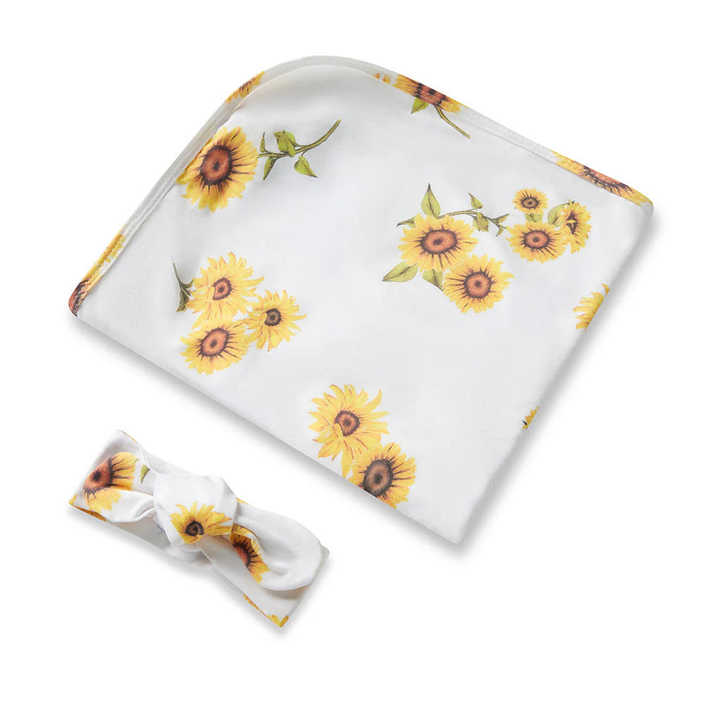 SNUGGLE HUNNY Organic Jersey Wrap & Topknot set - Sunflower flatlay