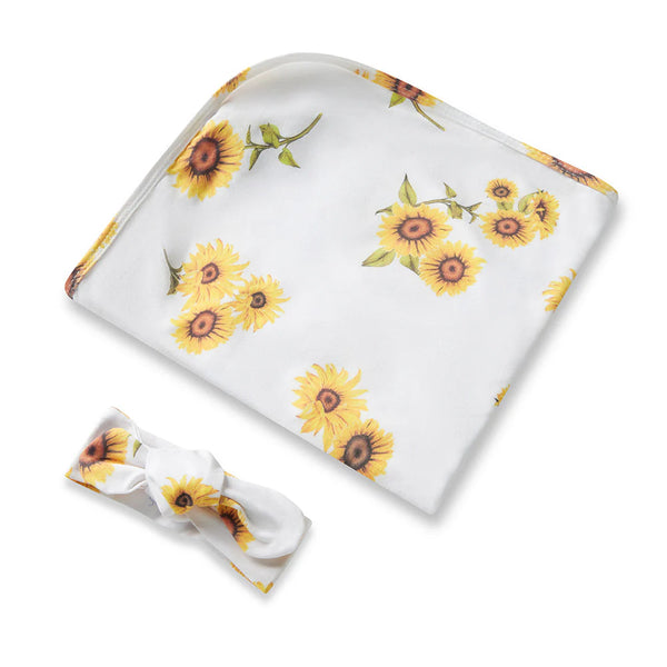 SNUGGLE HUNNY Organic Jersey Wrap & Topknot set - Sunflower flatlay