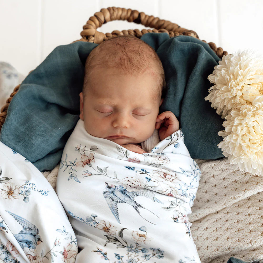 SNUGGLE HUNNY Organic Jersey Wrap & Topknot set - Sweet Swallows