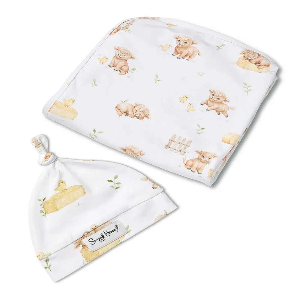 SNUGGLE HUNNY Organic Jersey Wrap & Beanie set | Highland Cows