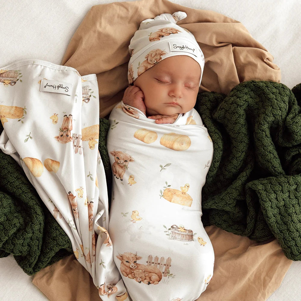 SNUGGLE HUNNY Organic Jersey Wrap & Beanie set | Highland Cows