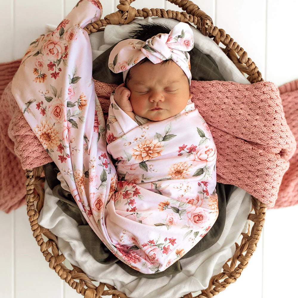 SNUGGLE HUNNY Organic Jersey Wrap & Topknot set - Birds & Blooms
