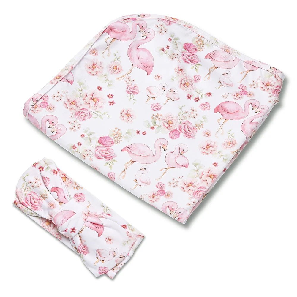SNUGGLE HUNNY Organic Jersey Wrap & Topknot set | Flamingos